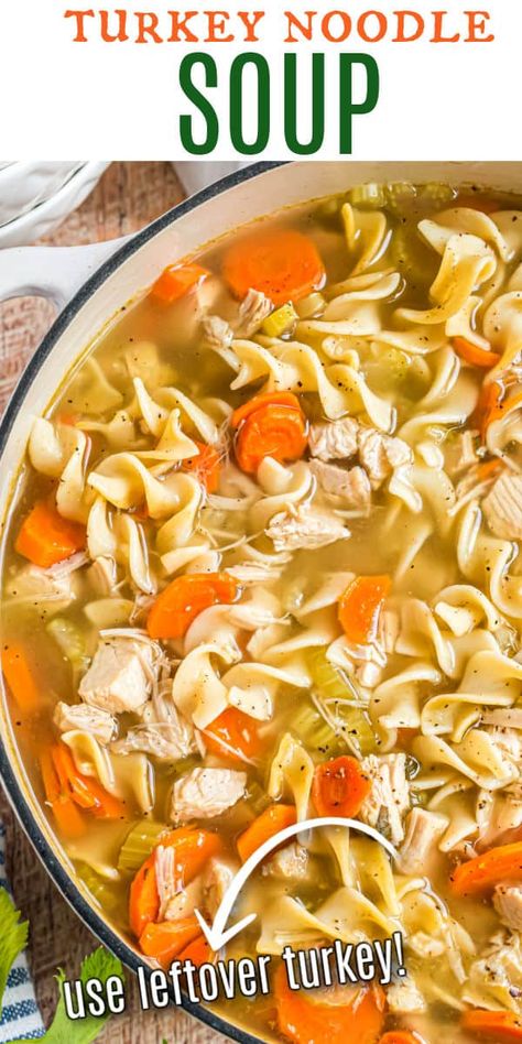 Comfort food for the holidays! Use your leftover holiday turkey to make this Turkey Noodle Soup recipe or substitute shredded chicken any time of the year. Crockpot Turkey Soup Slow Cooker, Turkey Soup Crockpot, Turkey Soup From Carcass, Turkey Noodle Soup, Turkey Soup Recipe, Comfort Soup Recipes, Crockpot Turkey, Noodle Soup Recipe, Shugary Sweets