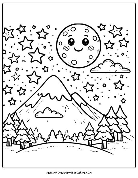 a tranquil mountain landscape beneath a shimmering starlit sky Mountain Crafts For Kids, Nature Coloring Pages For Kids, Mountain Coloring Pages, Mountain Crafts, Octopus Coloring Page, Library Resources, Coloring Pages Nature, Sabbath School, Free Kids Coloring Pages