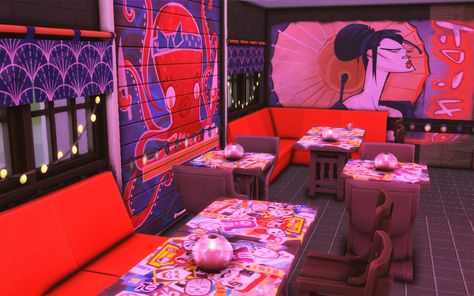 — Restaurant & Karaoke Bar  cc-free 30x20  Download... Sims 4 Karaoke Bar Cc, Karaoke Bar Design, Sims 4 Karaoke Bar, Sims 4 Bar, Korean Bar, Sims 4 Restaurant, Cute Anime Outfits, Snowy Escape, Bloxburg City