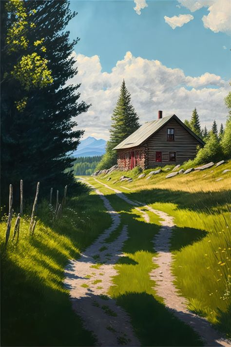 cabin in the mountains Nature Photography Drawing, Beautiful Mountain Scenery, Landscape Paintings House, Landscape With House Painting, Beautiful Scenery Nature Landscapes, Houses On Mountains, Paintings Of Scenery, Landscape Photos To Paint, Landscapes To Paint