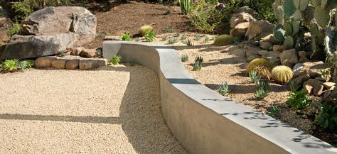 Curved retaining wall with desert plants - cacti and succulents Semi Circle Retaining Wall, Curved Retaining Wall Garden, Recycled Concrete Retaining Wall, Curved Corten Steel Retaining Wall, Curved Gabion Retaining Wall, Backyard Retaining Walls, Garden Retaining Wall, Concrete Retaining Walls, Succulent Landscape Design