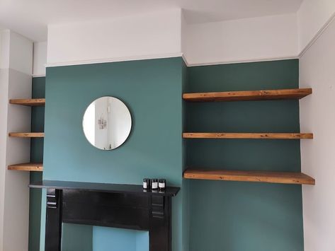 Alcove Shelves Diy, Uneven Alcove Ideas, Alcove Shelf, Alcove Bookshelves, Alcove Shelves, Alcove Cupboards, Alcove Shelving, Reclaimed Wood Desk, Reclaimed Wood Table