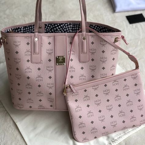 MCM Project Shopper Visetos Leather Tote Pink Mcm Bag, Pink Mcm, Mcm Bag, Mcm Bags, Brass Plate, Zip Pouch, Signature Logo, Canvas Leather, Pink Bag