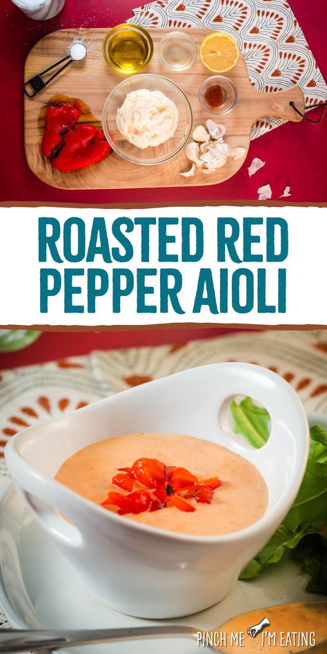 Learn how to make roasted red bell pepper garlic aioli in just 5 minutes with jarred roasted red bell peppers and an immersion blender or food processor! It’s a great sauce for dipping fries, spreading on sandwiches and burgers, or spooning over salmon or steak. Make it as spicy as you like with extra cayenne pepper! Roasted Bell Pepper Sauce, Aoli Recipes, Sauce For Grilled Salmon, Red Pepper Aioli, Aioli Sauce Recipe, Red Pepper Aioli Recipe, Roasted Red Bell Pepper, Aioli Sauce, Aioli Recipe