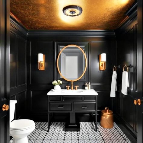 15 Black and Gold Powder Room Ideas To Elevate Your Style Black And Gold Powder Room Ideas, Black And Gold Powder Room, Black Powder Room Ideas, Dark Powder Room Ideas, Gold Powder Room, Black Half Bathroom, Dark Powder Room, Gold Wallpaper Bathroom, Black Gold Wallpaper