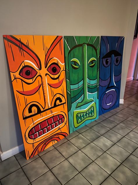 Totem Poles Drawing, Tiki Painting Ideas, Tiki Painting, Tiki Mask Craft, Totem Pole Drawing, Tiki Mask Drawing, Tiki Mask Art, Cardboard Tiki Mask, Painted Tiki Faces