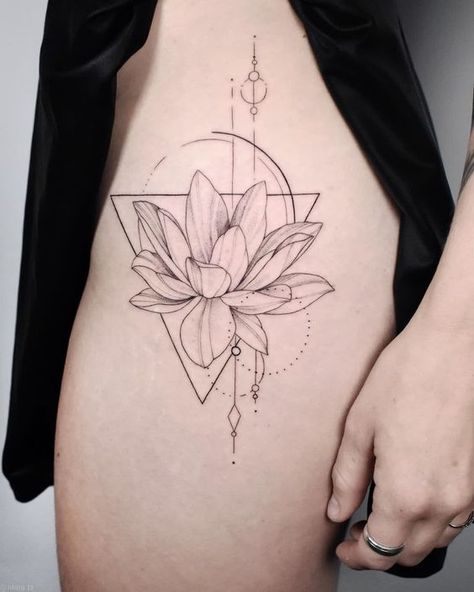 Geometric Lotus1 Geometric lotus tattoo design on thigh with intricate linework and circular accents. | Sky Rye Design Triangle Lotus Tattoo, Geometrical Tattoos For Women, Lotus Flower Tattoo Geometric, Lotus Flower Side Tattoo, Lotus Flower Tattoo Fine Line, Geometric Lotus Tattoo Design, Fine Line Lotus Flower Tattoo, Lotus Leg Tattoo, Lotus Shoulder Tattoos For Women