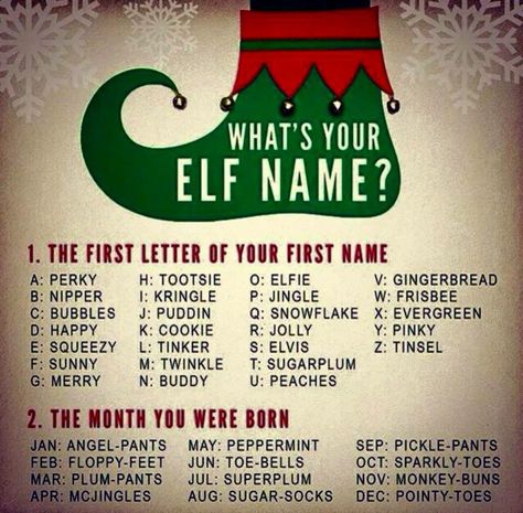 " Sugar Plum Pickle Pants " elf names Your Elf Name, Whats Your Elf Name, Xmas Games, Elf Names, Christmas Jokes, Office Christmas Party, Kids Christmas Party, Christmas Party Games, Office Christmas