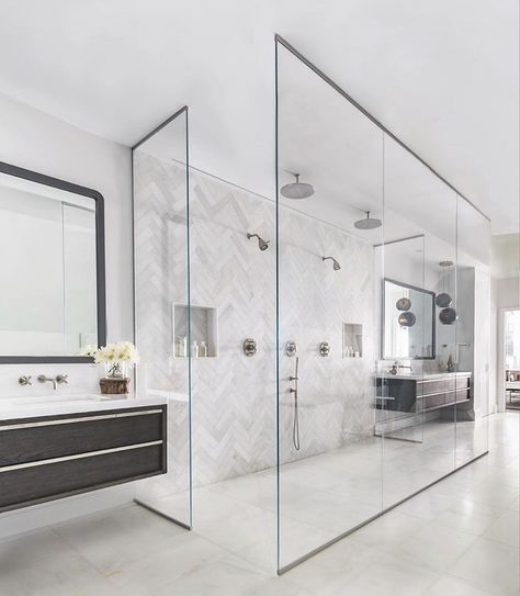 His And Hers Bathroom, Beautiful Bathroom Designs, Double Shower, Yay Or Nay, Gorgeous Bathroom, Bathroom Spa, Bathroom Design Luxury, Glass Shower Doors, Bathroom Remodel Master