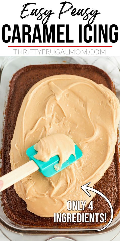 This homemade caramel icing is made with just four simple ingredients- butter, brown sugar, milk and powdered sugar. It's super easy to make and we love it on chocolate cake. A family favorite! #thriftyfrugalmom #caramelicing #easyrecipe How To Make Caramel Icing, Brown Sugar Frosting Easy, Homemade Caramel Icing For Cake, Carmel Icing Using Condensed Milk, Carmel Icing With Evaporated Milk, Carmel Icing From Scratch, Easy Caramel Icing, Caramel Icing Recipe, School Cakes