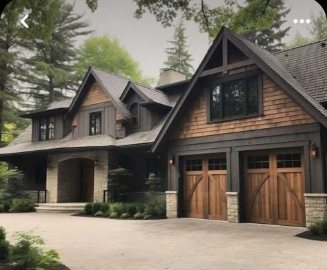 Masculine Exterior House, Dark Brown Cedar Siding Exterior Houses, Wood Burning Stove Tall Ceiling, Wood Siding Exterior House, Houses With Wood Siding, Dark Brown Craftsman Exterior, Wood Beam Exterior Home, Dark Siding With Wood Accents, Black Houses With Cedar Accents