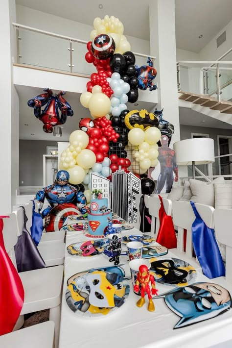 Kara's Party Ideas Big 4 Superhero Party | Kara's Party Ideas Superheroes Birthday Party, Superman Party, Marvel Birthday Party, Superhero Birthday Cake, Superhero Theme Party, Grid Wall, Boys 1st Birthday Party Ideas, Avengers Party