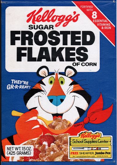 I had a glass container full of Frosted Flakes at the cereal bar at my '80s party. This picture of an '80s-era cereal box was on the container. Cereal Logos, Kellogs Cereal, Best Cereal, Kids Cereal, Tony The Tiger, Honey Nut Cheerios, High School Memories, Sugar Frosting, Cartoon Crazy