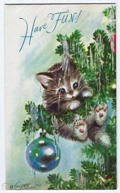 Vintage Cat Christmas Cards, Marjorie Cooper Illustration, Fancy Christmas Cards, Christmas Cat Art, Marjorie Cooper, Christmas Kitties, Images Noêl Vintages, Cat Christmas Cards, Vintage Holiday Cards