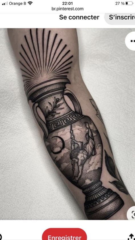 Mens Vase Tattoo, Medusa Vase Tattoo, Greek Vase Tattoo Design, Greek Amphora Tattoo, Traditional Greek Tattoo, Amphora Tattoo, Greek Vase Tattoo, Traditional Tattoo Vase, Vessel Tattoo