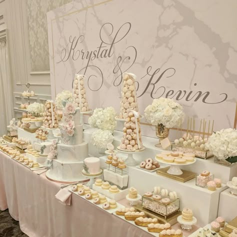 It's such an honour when a bride comes to me to create a custom sweet table for one of the most important days in her life.  Thank you to… All White Wedding Dessert Table, All White Desert Table, Sweet Table Wedding Elegant, White Theme Dessert Table, Gold White Dessert Table, Wedding Dessert Table White And Gold, Wedding Table Snacks, Wedding Treats Table, Dessert Station Wedding