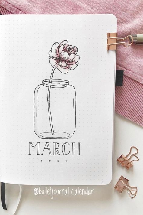 March Journal Cover, Bujo March Cover, March Bujo Cover, Bullet Journal Marzo, March Bullet Journal Cover, Bullet Journal Easy, Plant Doodle, March Bullet Journal, Bullet Journal For Beginners