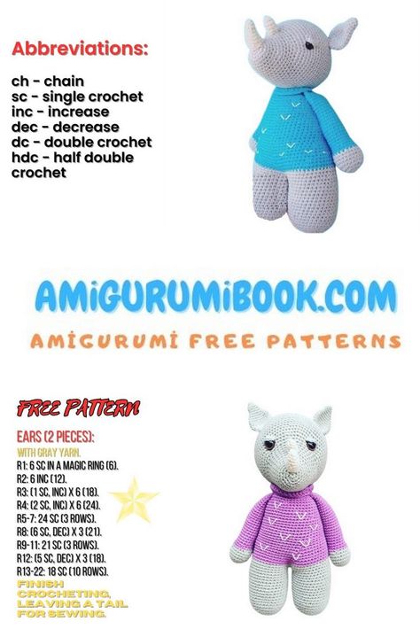 Free Amigurumi Rhino Pattern: Craft Your Own Adorable Rhinoceros – Amigurumibook.com Crochet Amigurumi Free Patterns, Crochet Amigurumi Free, Amigurumi Free, Amigurumi Free Pattern, Half Double Crochet, Chain Stitch, Double Crochet, Single Crochet, Crochet Amigurumi