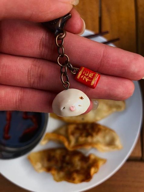 Cute Asian Polymer Clay Pork Dumpling with Soy Sauce Heart | Etsy Polymer Clay Cat, Puppet Ideas, Pork Dumpling, Clay Clay, Cute Polymer Clay, Strawberry Cakes, Clay Stuff, Cute Clay, Heart Keychain