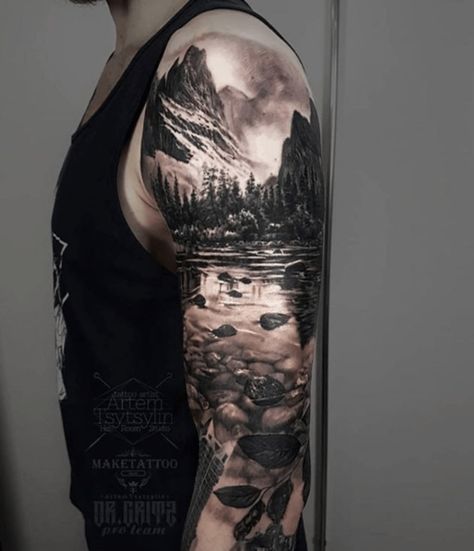 225+ Breathtaking Wilderness Tattoo Ideas (2023) - TattoosBoyGirl Forest Arm Sleeve, Half Sleeve Tattoos For Men Upper Arm Design, Mens Half Sleeve Tattoo Upper Arm, Upper Sleeve Tattoos For Guys, Wilderness Tattoo Sleeve, Landscape Tattoo Design, Nature Tattoo Sleeve Women, Tattoos Mountains, Idaho Nature