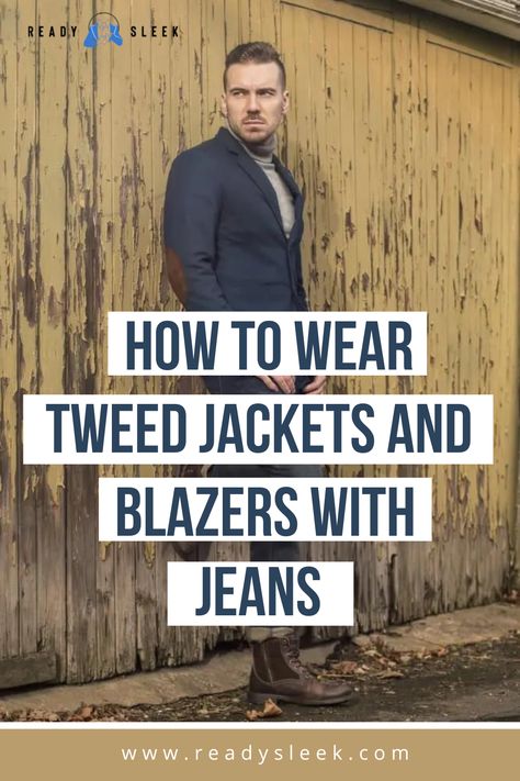 It can be difficult to know what to wear with tweed due to its rugged texture and often unstructured appearance. So, can you wear a tweed jacket with jeans? Wearing a tweed jacket with jeans makes for a great smart-casual outfit. Consider a button-up shirt underneath your tweed blazer or even a turtleneck during the colder months. Consider the color of your jeans; lighter jeans are typically more casual. ... Image From Deposit Photos #TweedJackets #BlazersWithJeans #mensstyle #style #outfit Tweed With Jeans, Jeans And Blazer Outfit Men, Tweed Jacket Outfit Mens, Tweed Jacket With Jeans, Blazers With Jeans, Tweed Blazer Men, Suit Jacket With Jeans, Tweed Blazer Outfit, Tweed Jacket Men