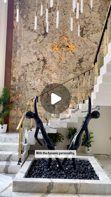 Studio EFFCOM on Instagram: "3️⃣ reasons why this STAIRWELL is unique! 😍

1️⃣ The backlit stone wall with natural concentrated calcium carbonate 

2️⃣ The customised chandelier 

3️⃣ The figurines to add character to the space 

P.S. - All these elements have been customised as per the client’s requirements 

Save for more! ✅

[StudioEFFCOM, Team Work, Dream Team, Interior Designers Faridabad, Faridabad, Delhi NCR, Interior Designer, Interior Design, Faridabad Architects, Architect, Architects In Faridabad, Elevation Design, Modern Elevation, Home Design, Home Renovation, Interior Design Inspiration, Custom made, Trending Tiles, Moroccan Tiles, Patterned Tiles, Stairwell, Customised Stairs, Gurgaon Architects, Noida Architects, Interior Designer Gurgaon, Interior Design Tips, Bedroom Insp Store Stairs Design, Elevation Home Design, Stair Wall Design, Backlit Stone, Stairs Wall Design, Tiles Moroccan, Modern Elevation, Stairs Design Interior, Patterned Tiles