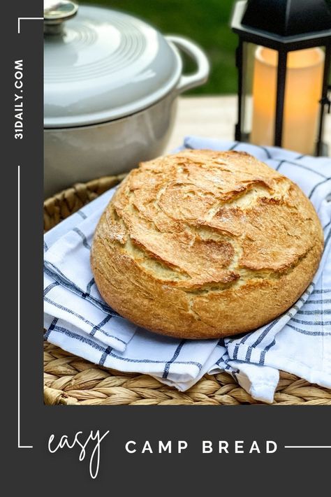 Dutch Oven Camp Bread is a bread recipe that's long been a tradition for us. Made camp style in a cast-iron Dutch oven over briquettes, or baked at home, it's a sweet and delicious recipe you'll not soon forget. Camp Bread, Campfire Bread, Wood Fired Oven Recipes, Dutch Oven Recipes Cast Iron, Dutch Oven Camping, Dutch Oven Bread, Enamel Dutch Oven, Cooking Bread, Dutch Oven Cooking