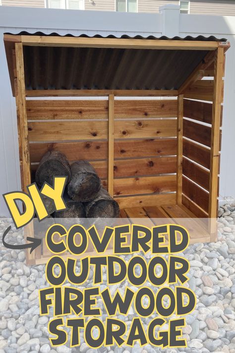 Take your outdoor fire pit area to the next level with our DIY Covered Outdoor Firewood Storage. This DIY firewood storage is simple to build and perfect to keep your wood protected from the elements. Keep your firewood covered and ready for a fun night around the fire. Head to the blog now to get the design. Wood Sheds Firewood Diy, Firewood Cover Outdoor, Fire Wood Holder Stand, Covered Firewood Storage Outdoor Diy, Woodbox Diy Firewood Storage, Diy Wood Storage Outdoor, Firewood Storage Outdoor Covered, Cinder Block Firewood Holder, Wood Holder Diy Firewood Storage