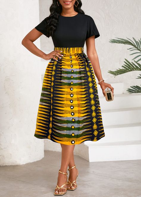 Geometric Clothing, Round Neck Dress, Fashion Dresses Online, African Traditional Dresses, Printed Midi Skirt, Round Neck Dresses, African Design Dresses, Latest African Fashion Dresses, African Print Fashion