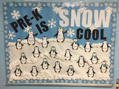 Christmas Theme Board Classroom, Snowball Bulletin Board Ideas, Penguin Bulletin Boards For Preschool, Pre K Winter Bulletin Boards, Pre K Christmas Bulletin Board Ideas, Winter Themed Bulletin Boards Preschool, Waddler Activities, Winter Bulliten Boards For School, Penguin Bulletin Board Ideas