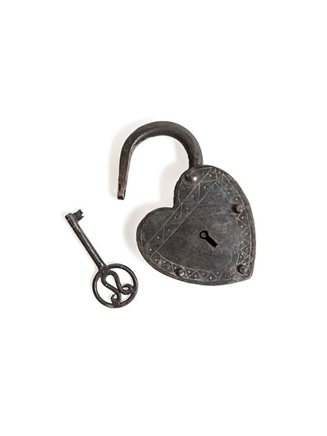 An iron heart with a key for decorative functionality, this padlock just might be a stunning way to propose: provide the key to a locked heart with the ring thread through the sliding lock hoop. Fun Beauty Products, Paper Heart Garland, Modern Organic Home, Aesthetic Objects, Ceramic Rooster, Leather Photo Albums, Iron Heart, Antique Keys, Heart Lock