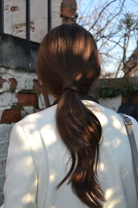 Soft Low Ponytail, Brunette Hair Ponytail, Brown Hair Ponytail Aesthetic, Low Ponytail Aesthetic, Brown Hair Low Ponytail, Low Pony Tailed Hairstyle, Loose Low Ponytail, Simple Low Ponytail, Messy Low Ponytail