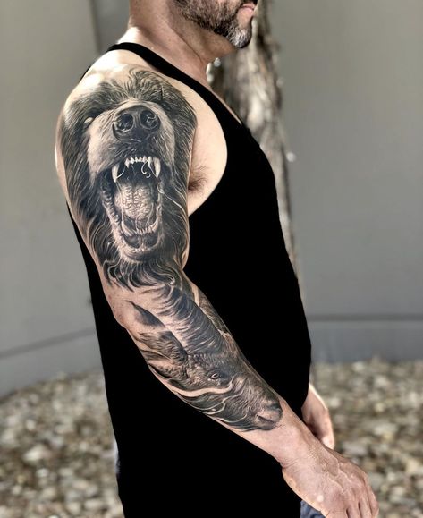 Image may contain: one or more people and beard Bear Leg Sleeve Tattoo, Bear Half Sleeve Tattoo, Grizzly Bear Tattoos For Men Forearm, Bear Upper Arm Tattoo, Men’s Sleeve Tattoo Bear, Grizzly Bear Tattoos, Healed Tattoo, Beer Tattoos, Bear Tattoo Designs