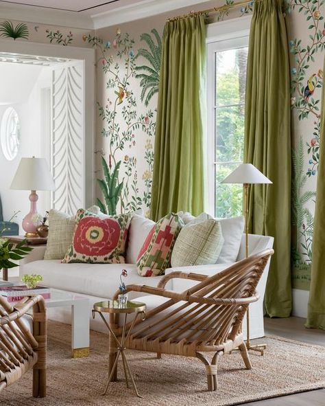 Paloma Contreras on Instagram: "As the crown jewel of #PCFloridaFantasy, the living room sings with modern Palm Beach Regency style. Opulent wall coverings, intoxicating colors, and tropical inspired elements converge into a living space that boasts the unique charm of its locale.  Stylist: @Cate.Ragan.Styling Photographer: @AimeeMazzenga  #PalomaContrerasDesign" Palm Beach Interior Style, Palm Beach Regency Style, Palm Beach Style Interior Design, Key West Interior Design, Key West Interior, Regency Aesthetic, Paloma Contreras, Palm Beach Decor, Florida Cottage