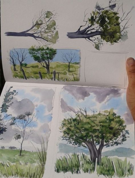 Sketchbook Ideas Paint, Watercolour Illustration Sketchbooks, Sketchbook Watercolor Ideas, How To Paint Trees Watercolor, Watercolour Sketchbook Ideas, Sketchbook Ideas Watercolor, Idea For Sketchbook, Art Studies Sketchbook, How To Paint Trees