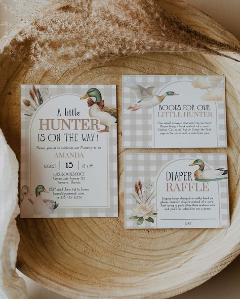 Announce your little boy's arrival with our Duck Hunt themed baby shower invitation template. Personalize with ease and download for instant access. Featuring adorable mallard ducks and a hunting theme, it's perfect for your duck-themed celebration. Get ready to welcome your little 'lucky duck' with this easy-to-edit, printable invitation! ✅ INSTANT ACCESS ✅ EDIT ALL TEXT/FONT & FONT COLOR ✅ PRINT AT HOME OR PROFESSIONALLY ✅ PRINTING SERVICE 👉 https://bit.ly/3MzD1Zf ✅ RELATED ITEMS 👉 https://e Duck Hunting Theme Baby Shower Ideas, Duck Hunting Baby Shower Theme, Baby Shower Hunting Theme, Mallard Baby Shower Theme, Mallard Duck Baby Shower Ideas, Baby Boy Baby Shower Themes, Hunting Baby Shower Theme, Duck Baby Shower Theme, Baby Shower Themes For Boys