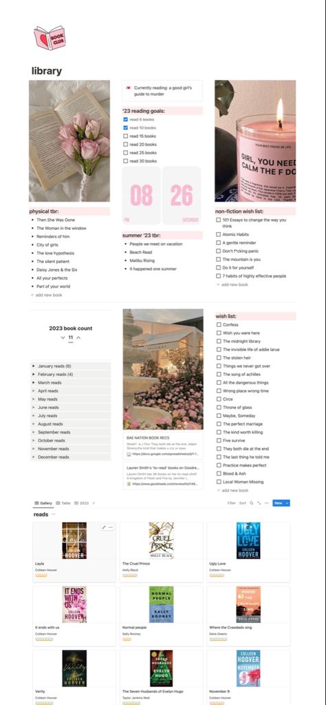 notion library page, pink & girly, with reading goals, yearly counter, tbr, wishlist, reading history gallery (click on pin to bring you to the template) Notion Tbr Template, Notion Reading Template Free, Notion List Ideas, Notion Goals Page, Notion Wishlist Template, Notion Library Template, Notion Pages Ideas, Ipad Notion, Notion Goals Template