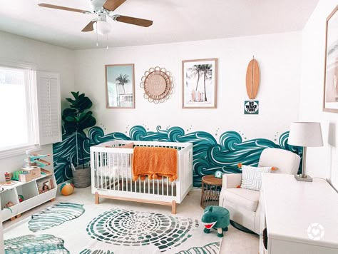 Beach Themed Baby Nursery Decor. California Beach Themed Room Decor . Surf Themed Room Decor Ocean Nursery Furniture, Diy Beach Nursery Decor, Ocean Surf Nursery, Surf Nursery Decor, Nursery Surf Theme, California Themed Nursery, Surfer Themed Nursery, Florida Nursery Theme, Surfing Theme Nursery