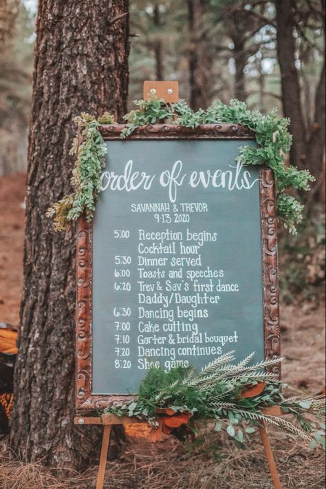 February Wedding Reception, Series Of Events Wedding Sign, Order Of Reception Wedding, Forest Wedding Signs, November Wedding Reception Ideas, Wedding Reception Order Of Events, Wedding Reception Ideas Outdoor, Order Of Events Wedding Sign, Reception Order Of Events