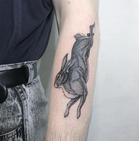 jumping rabbit tattoo Turkey Tattoos, Geometric Tattoo Hand, Jumping Rabbit, Rabbit Tattoo, Wild Hare, Light Tattoo, Rabbit Tattoos, Line Work Tattoo, Nature Tattoos