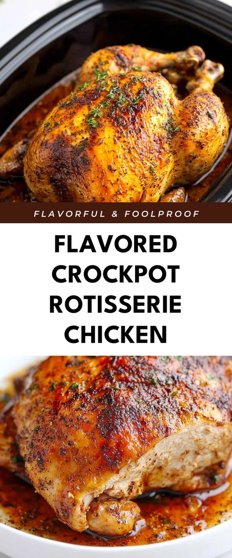 Image for Flavored Crockpot Rotisserie Chicken Full Chicken In Crockpot, Roasted Chicken Crockpot, Crockpot Rotisserie Chicken Recipes, Rotisserie Chicken Crockpot Recipes, Whole Chicken Recipes Crockpot, Rotisserie Chicken Lunch, Crockpot Roasted Chicken, Best Rotisserie Chicken Recipe, Rotisserie Chicken Oven