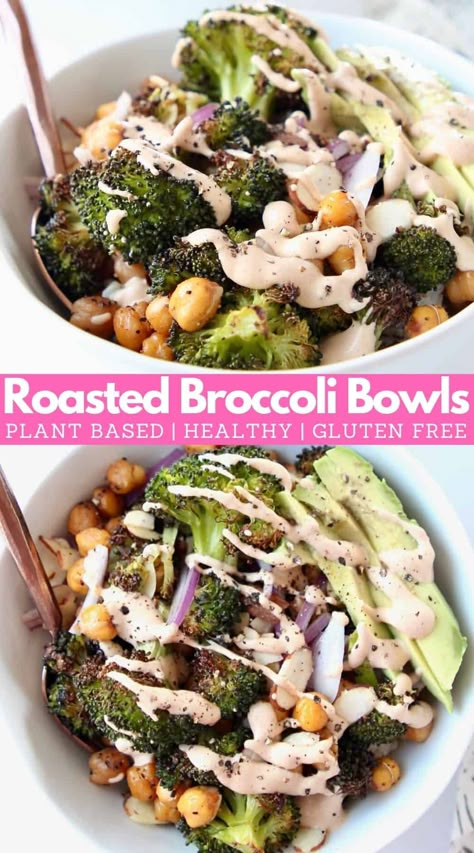 Oven roasted broccoli, served on a bowl of brown rice, topped with a creamy lemon tahini dressing, creates THE BEST plant-based buddha bowl recipe! It's healthy, gluten free and vegan. It's also perfect for meal prep and easy to make in 30 minutes! Vegan Roasted Broccoli, Broccoli Bowls, Chickpea Broccoli, Buddha Bowl Recipe, Plant Based Diet Meals, Lemon Tahini Dressing, Vegan Chickpea, Plant Based Diet Recipes, Healthy Bowls