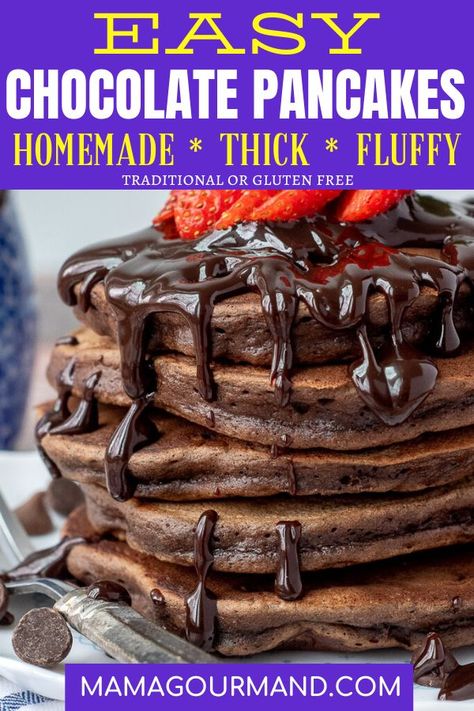 Cocoa Pancakes, Chocolate Pancake Recipe, Double Chocolate Pancakes, Chocolate Chip Pancakes Recipe, Chocolate Pancake, Chaffle Recipe, Pancakes From Scratch, Dairy Free Chocolate Chips, Peanut Butter Sauce