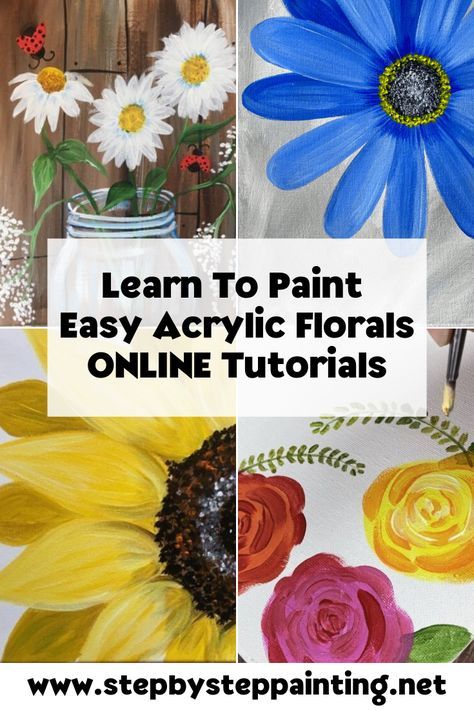 Learn how to paint easy floral paintins with acrylics. These are beginner painting tutorials. Learn how to paint a sunflower, how to paint daisies, how to paint a gerbera daisy, how to paint roses. How To Paint Flowers Acrylic Step By Step, How To Paint Daisies, Canvas Painting Tutorials Acrylics, How To Paint A Sunflower, Easy Beginner Painting Step By Step, How To Paint Flowers Easy, Acrylic Painting Flowers Easy, Painting Flowers Easy, How To Paint Flowers Acrylic Easy