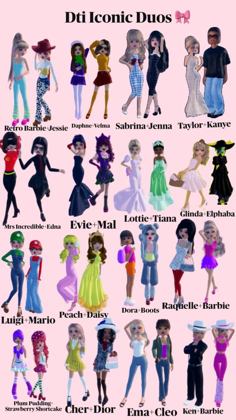 If you would like a tutorial on how to do any of these fits, just comment 🎀🎀 Jenna Taylor, Iconic Duos, Duo Dress, Mrs Incredible, Fancy Dress Code, Daphne And Velma, Aesthetic Roblox Royale High Outfits, Baddie Outfits Ideas, Black Jeans Outfit