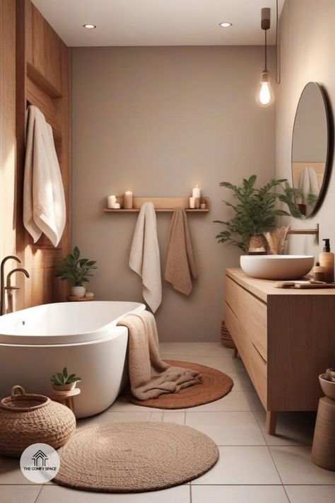 Feeling the winter blues? It's time to turn your bathroom into a Hygge oasis! Start with warm lighting and soft towels to create an inviting atmosphere. Don't forget to add natural elements for that extra touch of comfort. Your bathroom can be more than just a functional space; it can be your personal retreat! Let's make it a cozy haven this winter!#CozyVibes #HyggeStyle #BathroomInspo #WinterWarmth #HomeDecor Natural Aesthetic Bathroom, Bathroom Spa Aesthetic, Calm Bathroom Aesthetic, Neutral Color Bathroom Ideas, Apartment Aesthetic Cozy Bathroom, Calm Home Aesthetic, Cosy Bathroom Ideas, Warm Neutral Bathroom Ideas, Hotel Bathroom Aesthetic