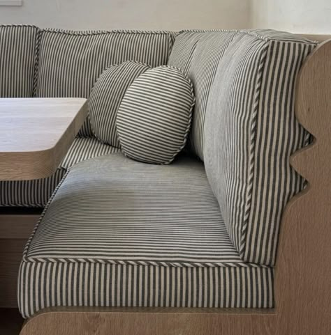 Banquette Upholstery Ideas, Banquette Seating Cushions, Striped Banquette, Banquette Upholstery, Cushion Piping, Banquette Cushions, Dining Room Nook, Dining Nooks, Seating In Kitchen