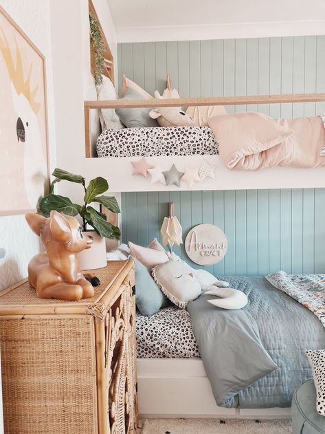 Nov 9, 2020 - Asha and Armani's Shared Girls Room with a Bunk Bed - diy, blue, pink, panelled walls, deer lamp, ikea desks.. Boy And Girl Shared Bedroom, Girls Bunk Beds, Kids Rooms Shared, Shared Girls Room, Kids Rooms Inspo, Kids Shared Bedroom, Shared Girls Bedroom, Shared Kids Room, Boy Girl Room