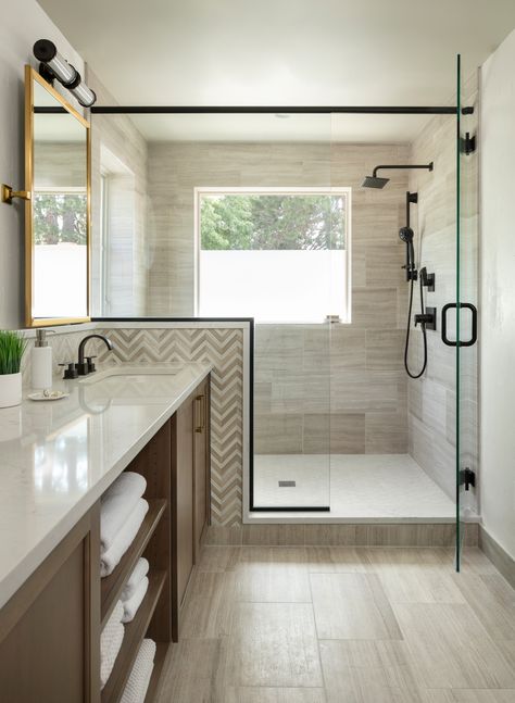 Modern Craftsman In Crestmoor - Transitional - Bathroom - Denver - by Factor Design Build | Houzz Master Bath Remodel Neutral, Large Neutral Bathroom Tile, Neutral Master Shower Ideas, Master Bath Large Tile, Bathroom Tiles Neutral, Master Shower Tile Ideas Farmhouse, Shower Tile Ideas With Window, Transitional Bathroom Tile, Neutral Bathroom Floor Tile