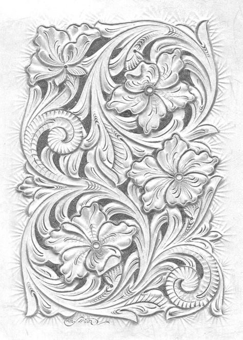 Tooled Leather Tattoo, Western Floral Tattoo, Western Drawings, Leather Tattoo, Cowboy Tattoos, Leather Working Patterns, Western Tattoos, Leather Tooling Patterns, Tooling Patterns